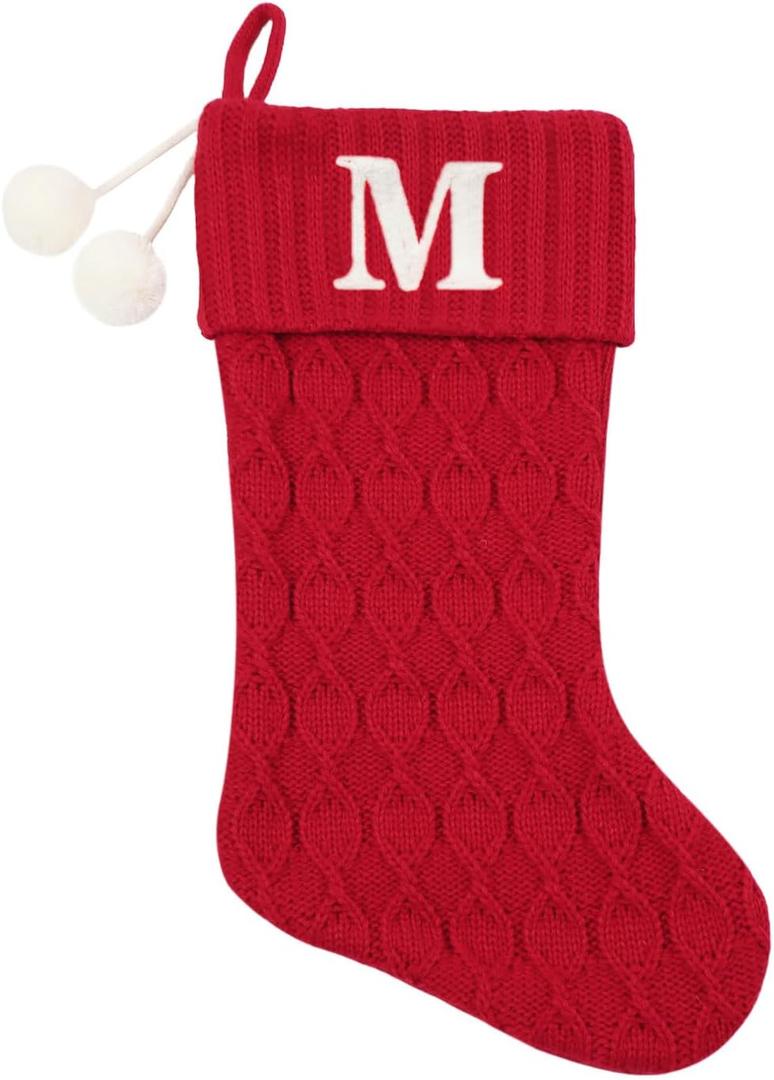 20 Inchs Red Knit Christmas Stockings, Personalized Initial Embroidered Xmas Stocking Larger Sock for Christmas Tree Fireplace Christmas Party Holiday Hanging Stocking Decorations(M)