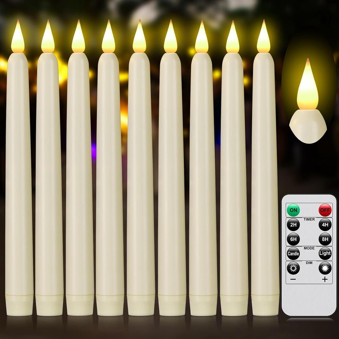 Flameless Taper Candles with Remote Control and Timer, Battery Operated LED Candlesticks with Flickering 3D Flame, 9.6 Inches Plastic Fake Candles for Christmas, Wedding and Home Decor (Ivory, 9)