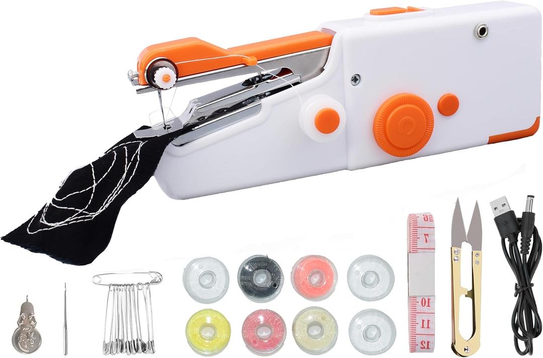 Handheld Sewing Machine Electric Sewing Mini Portable Sewing Machine Suitable for Beginners Sewing Clothes Family Travel DIY(Orange)