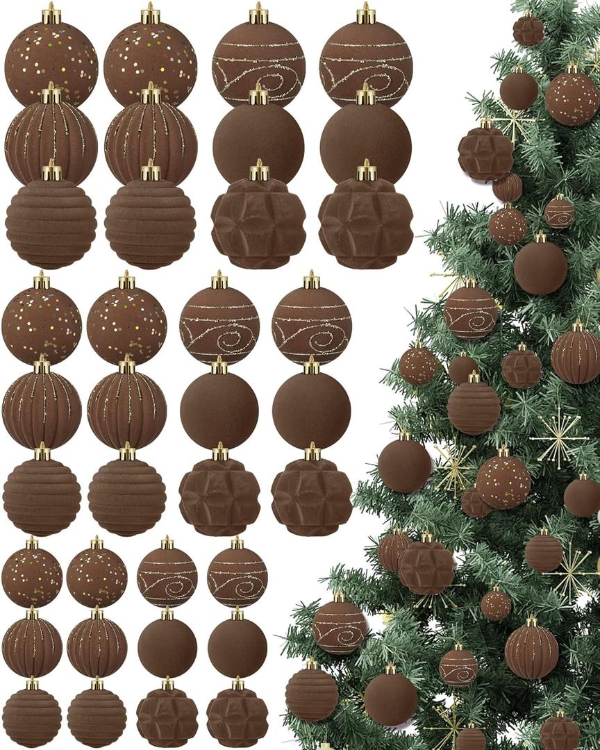 Suzile 36 Pcs Velvet Christmas Tree Ornaments Flocked Christmas Ball Decorations Xmas Balls Handing Ornaments for Xmas Tree Holiday Wreath Garland Birthday Wedding(Brown)