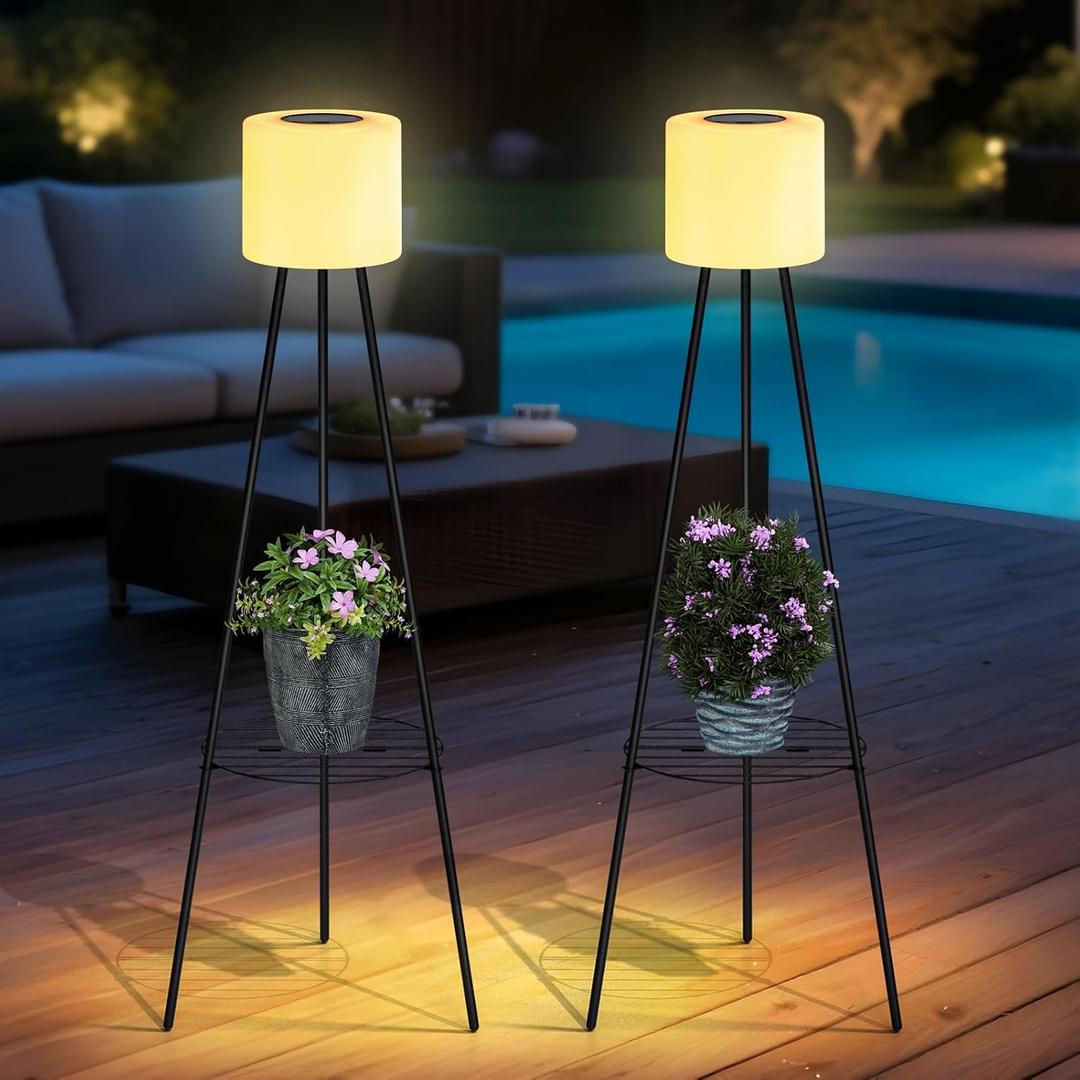 FUYO 2 Pack Solar Floor lamp Outdoor, 41.3'' Solar Powered Lights with 2 Plant Stand, Water-Resistant IP54 Outside Floor Lamps with 3 Lighting Modes for Patio Porch Yard Deck Decor
