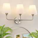 Bathroom Light Fixtures, 3-Light Brushed Nickel Vanity Lights, 24.5" Bathroom Lighting Fixtures Over Mirror with White Flared Fabric Shade, Modern Wall Sconces for Bathroom Bedroom Living Room Hallway