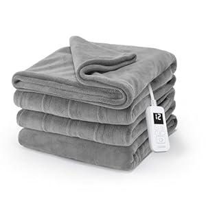 Sunbeam Electric Royal Luxe Microplush Heated Blanket, 12 Heat Settings, 12-Hour Auto Shut-Off, Fast Heating, Warm & Cozy, Machine Washable, Dove Gray Color, Twin (84" x 62")