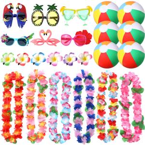 24PCS Hawaiian Luau Leis Party Decorations Supplies Set,Hawaiian Leis,Flos Hibisci Hair Clips, Hawaiian Sunglasses, Beach Balls for Summer Beach Pool Birthday Decor Favors