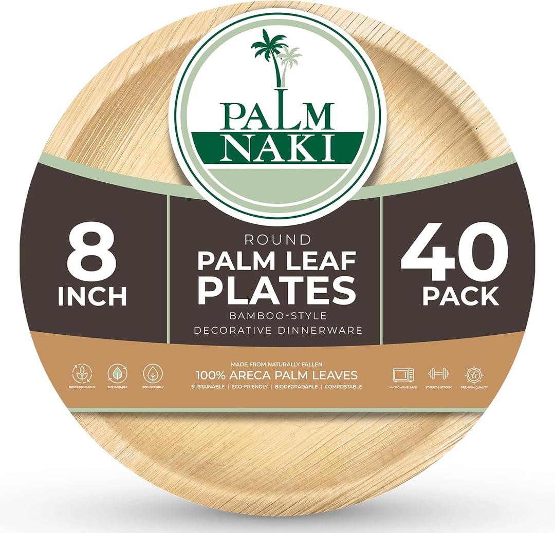 PALM NAKI Palm Leaf Plates | 8" Round | Compostable Bamboo-Style Decorative Plates | Ideal for Events, Gatherings, and Everyday Elegance - 40 Pack