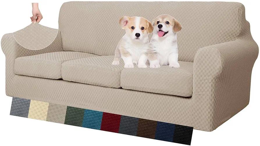 MAXIJIN 4 Piece Couch Covers for 3 Cushion Couch Super Stretch Non Slip Couch Cover for Dogs Pet Friendly Elastic Jacquard Furniture Protector Sofa Slipcovers (Sofa, Khaki)