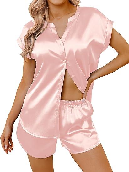 Ekouaer Silk Satin Pajamas for Women Button Up Pjs 2 Piece Summer Short Sleeve Lounge Sets V Neck Sleepwear (Pink, Medium)