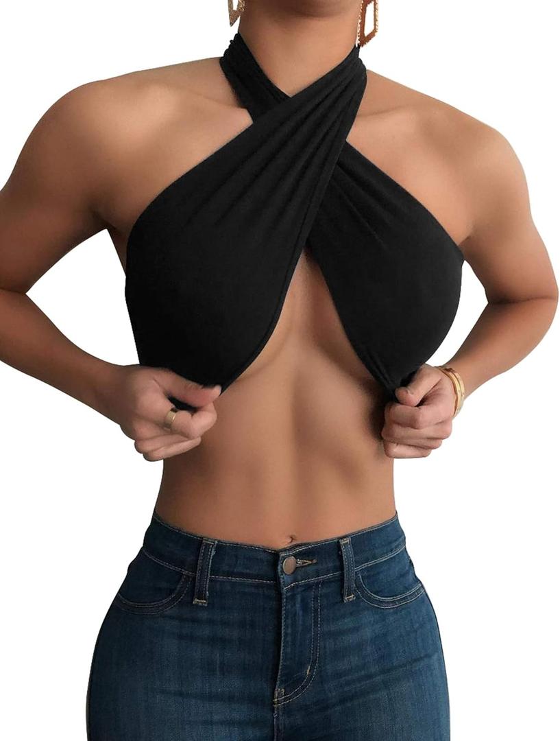 Mokoru Women's Sexy Sleeveless Halter Criss Cross Tank Crop Tops Self Tie Backless Cami (Black) L/XL
