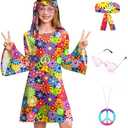 BesserBay Girl's 4 Pcs Halloween 70s Hippie Dress Bell Sleeve Floral Printed Outfit Size 140