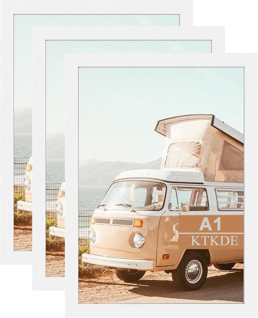 KTKDE A1 Picture Frame Poster Frame23.4 x 33.1 inches Set of 3, White Woodgrain Poster Frame-Horizontal and Vertical Wall Hanging for Home, Exhibition, Caffe for Best Gifts 