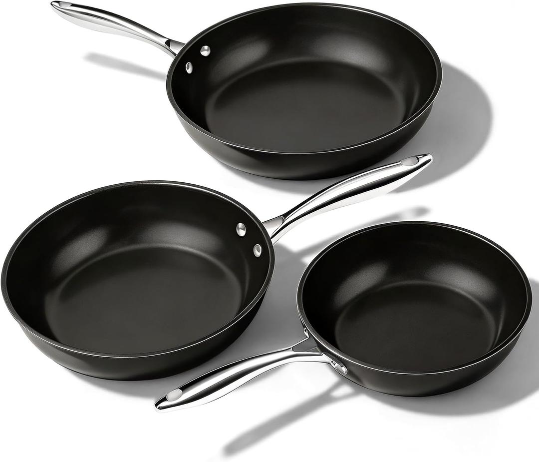 UUKRAVE Ceramic Nonstick Skillets Set (8"/9.5"/11") - Omelette Pans & Egg Pan for Healthy Cooking, Stay-Cool Handle, PFAS/PFOA/PTFE-Free, Oven/Dishwasher Safe for Busy Kitchen, Stackable, Black