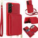 Phone Case for Samsung Galaxy S21 FE 5G Wallet Cell Cover with Tempered Glass Screen Protector Crossbody Strap Lanyard RFID Blocking Card Holder S 21 EF S21FE5G UW S21FE 21S G5 6.4 inch Women Men Red