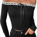 SOLY HUX Women's Off The Shoulder T Shirt Y2k Bow Lace Trim Tee Long Sleeve Going Out Crop Tops (Black, S)