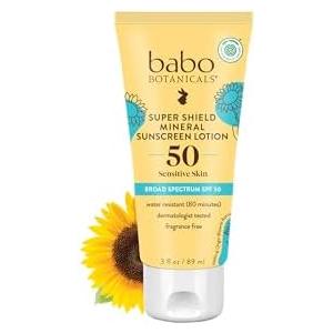 Babo Botanicals Sheer Mineral Sunscreen Lotion SPF 50 with 100% Mineral Active Ingredients for Babies, Kids or Extra Sensitive Skin, Lightweight, Water Resistant & Fragrance Free, Multicolor, Unscented, 3 Fl Oz Exp 03/2028