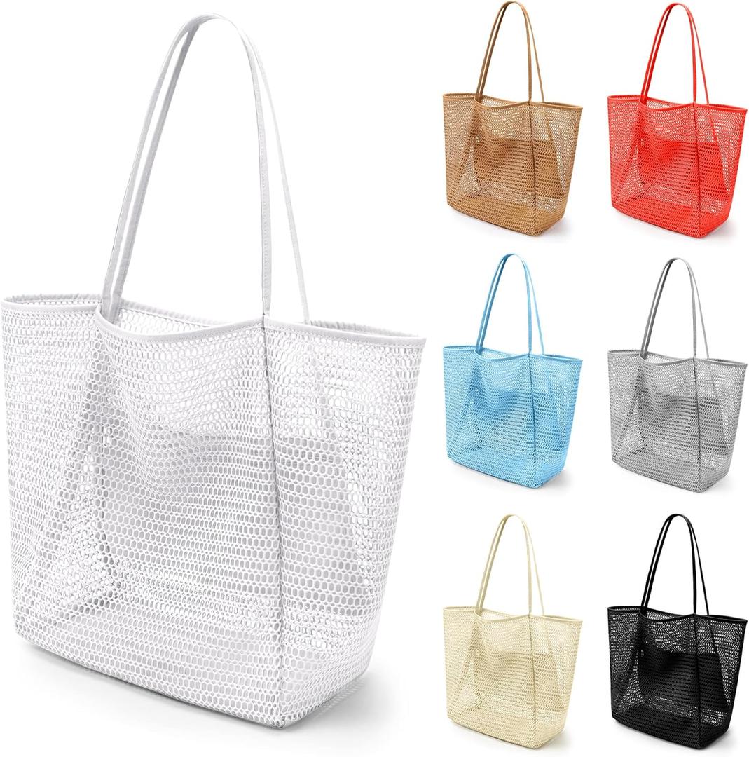 VOROLO Mesh Tote Beach Bag,Women Fairycore Hobo Bag,Shoulder Bag,Soft Summer Casual Crochet Bags (Cream)