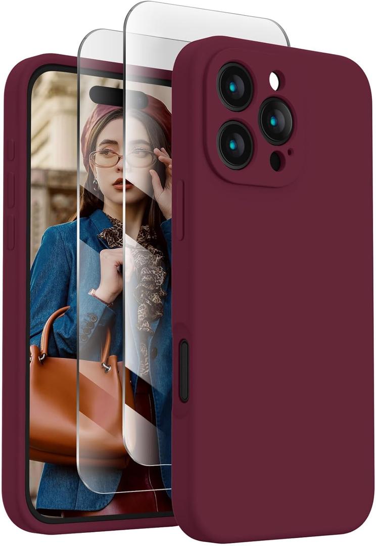 FireNova Designed for iPhone 16 Pro Case, Silicone Upgraded [Camera Protection] Phone Case with [2 Screen Protectors], Soft Anti-Scratch Microfiber Lining Inside, 2024, Plum