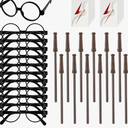 36Pcs Wizard Theme Party Favors - Wand Pencils Wizard Glasses with No Lenses Lightning Bolt Scar Temporary Tattoo for Teen Kid Student Magic Birthday Party Favors Halloween Decor School Rewards Black