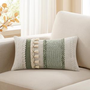 Kevin Textile 12x20 Inch Lumbar Throw Pillow Cover 1 Pack Boho Decorative Cotton Thread Woven Textured Tassel Rustic Farmhouse Rectangle Cushion Cover for Couch Sofa Chair Bed, Green