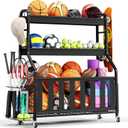 Sports Equipment Organizer, Rolling Ball Storage Cart with Locking Wheels, Hooks & Bat Rack