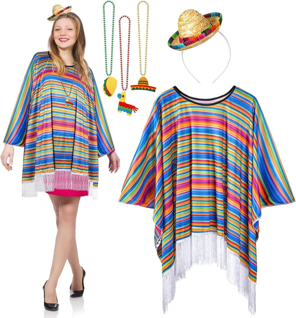 Yahenda 5 Pcs Mexican Costumes Women Serape Poncho Straw Sombrero Headbands 3 Necklace Cinco de Mayo Outfit Colorful