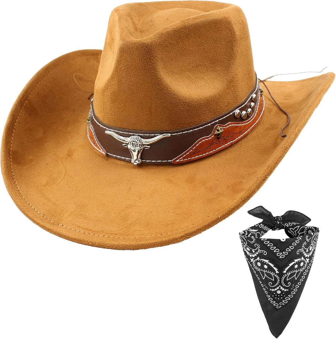 Carnavalife Cowboy Hat for Women Men with Wide Brim Western set with black bandana for Cowboys and Cowgirls (Brown)