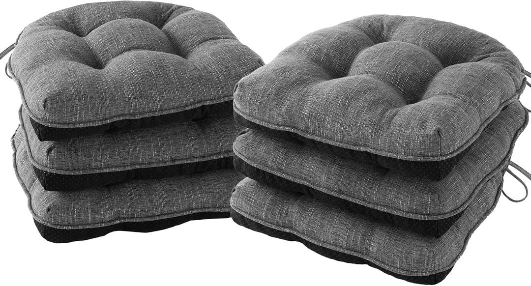 IPYNBAP Chair Cushions for Dining Chairs Set of 6, Kitchen Chair Cushions, Chair Pads with Ties and Non Slip Backing, Tufted Memory Foam Seat Cushion 6 Pack, 15.5" x 15.5" x 4", Dark Gray