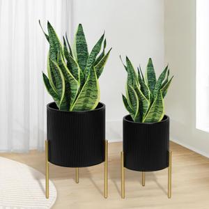 ARNIS Modern Planter Pots, Set of 2 Round Large Planters with Stand, Decorative Planters, Metal Pots with Drainage Holes for Living Room, Office, Garden or Balcony, 8.25 &10.5 Inch, Black & Gold