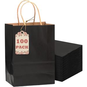 qiqee 100-Packs Black Paper Gift Bags with Handles Bulk 8.26"6"3.15" Small Size Gift Bags Multiple Uses