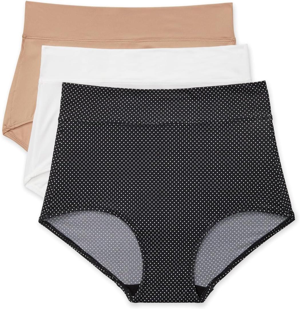 Warner's Women's Blissful Benefits No Muffin Top 3 Pack Brief Panty (X-Large, White/Toasted Almond/Black and White Pin Dot)