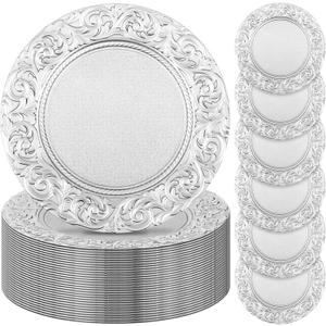 Uiifan 50 Pcs Silver Charger Plates Bulk 13'' Antique Plastic Chargers, about 13 inches in diameter