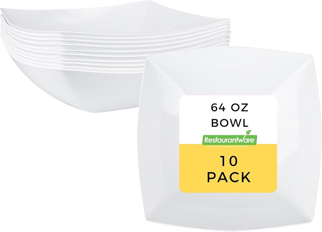 Restaurantware Moderna 64 Ounce Fancy Plastic Bowls 10 Square Disposable Salad Bowls - Durable Heavy-duty White Plastic Bowls For Warm And Cold Foods
