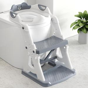 Potty Training Seat, 2 in 1 Potty Training Toilet with Step Stool for Boys Girls, Toddler Toilet Seat with Stabilizer Crossbar, Anti-Slip Pads and Splash Guard, Grey