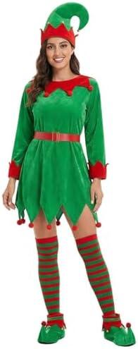 Syhood 5 Pcs Women Christmas Elf Costume Set Santa's Helper Costume Elf Outfit Velvet Dress Hat Shoes Belt Striped Stocking(S, Vivid, Green)