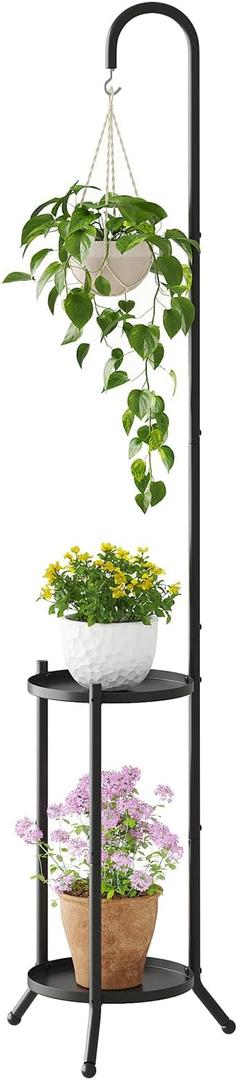 2-Tier Metal Plant Stand with Hanging Hook, Indoor Outdoor Plant Shelf, Heavy Duty Plant holder Rustproof Iron Multiple Plant Round Supports Rack for Planter Corner Garden Balcony Patio (Black)
