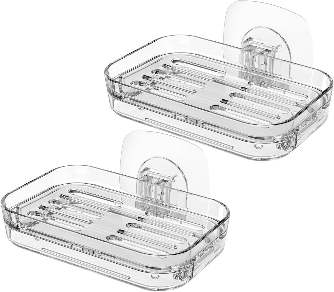 Soap Dish for Shower Clear Soap Holder Pull-Out Water Tray No Drilling Required Strong Fixation for Rv Bathroom and Kitchen Easy, 2 Pack