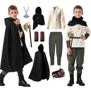 8 Pcs Medieval Costume for Boys Renaissance Viking Pirate Tunic Outfit for Kids (12-14 Years, Green)