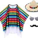 Yahenda Western Costume Set 5 Pcs Fiesta Outfit Serape Poncho Sombrero Hat Sunglasses Mustache Cinco De Mayo Dress Small Size (35 x 23'')