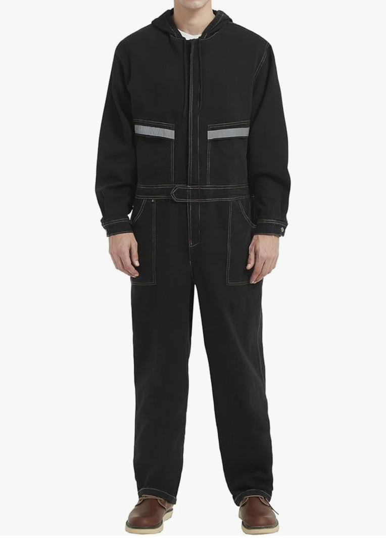 Mens Denim Work Coveralls with Hood Heavy Duty Work Jumpsuit Loose Fit Coverall Hi Viz Mechanic Jeans Overalls, M
