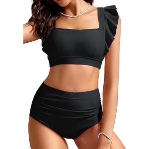 Kate Kasin Womens High Waisted Bikini Sets Ruffle Tummy Control Swimsuits Full Coverage Cheeky Two Piece Bathing Suit (Black, L)
