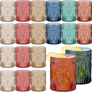 Qinyoung 24 Plastic Vintage Drinking Glasses 8.5oz Stemless Retro Embossed Wine Glasses Shatterproof Reusable Cups for Baby Shower Wedding Reception Grand Event Party (Vintage Multicolor)