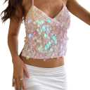 SHENHE Women's Sparkly Sequin Halter Top Open Back Sexy Y2k Backless Rave Clubwear Crop Tank Pink Small