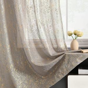 TERLYTEX Metallic Grey Sheer Curtains, Gold Foil Sparkle Glitter Curtains 96 Inch Length for Living Room, Rod Pocket Privacy Window Sheer Curtains, 52 x 96 Inch, 2 Panels, Gold Grey