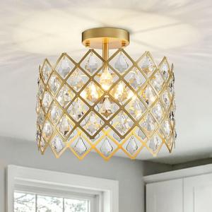 WUZUPS Crystal Chandelier 3-Light Semi-Flushmount Ceiling Light Modern Lighting Fixture for Bedroom Storageroom Hallway Bar Kitchen Dinning Living Room Bathroom, 13.4" Wide 11" High, Gold, E12 Base