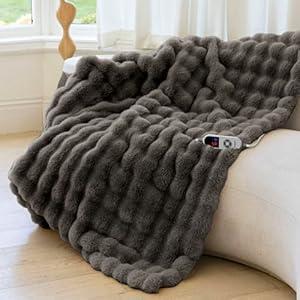 Electric Heated Blanket for Girls & Women, Soft & Luxurious, Faux Rabbit Fur Heating Throw Blankets, 6 Heat Settings, Overheat Protection, Quick Heating, Memory Function, Gift-Ready Design, 50"x60" (Blue)