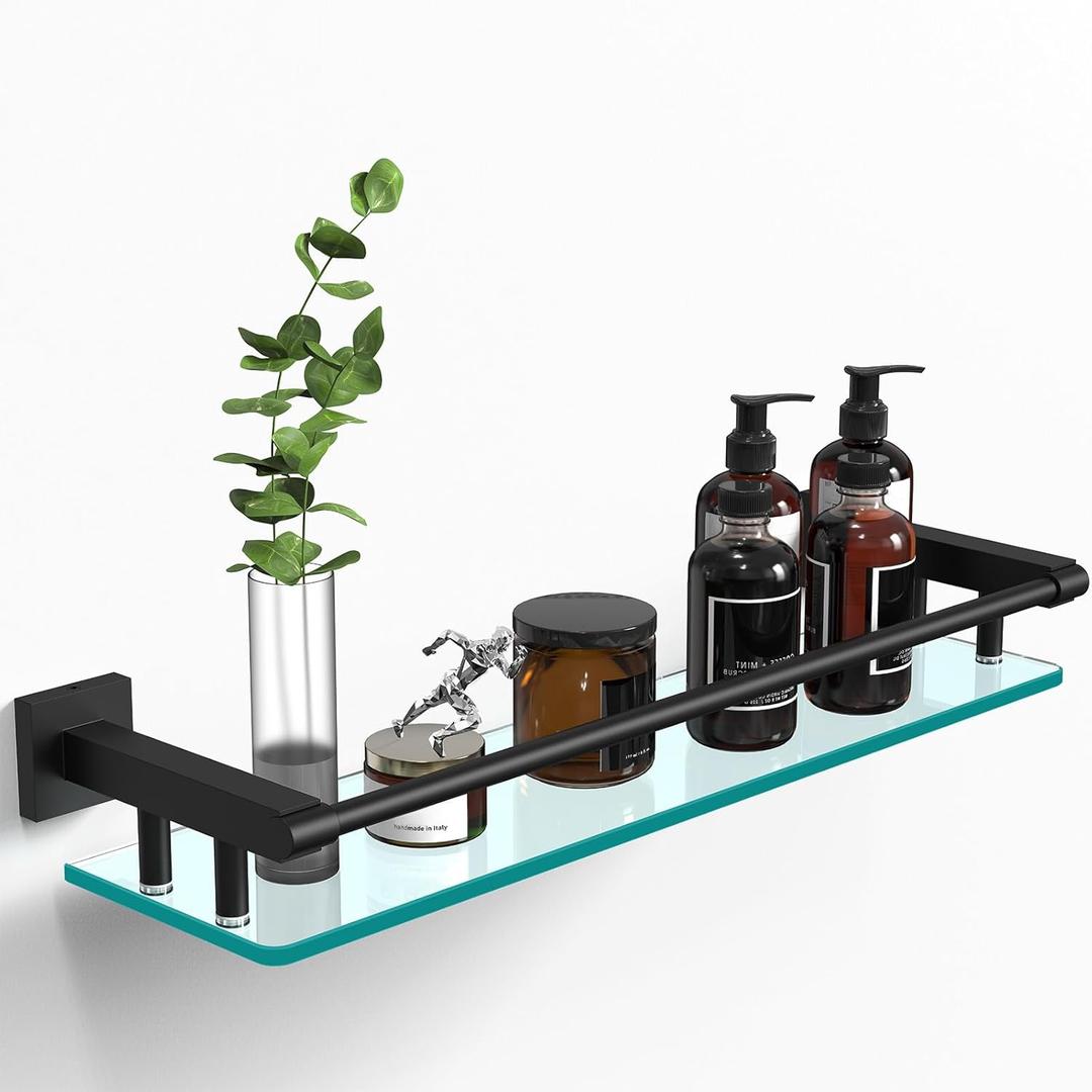 Bathroom Glass Shelf 20IN Rectangular Stainless Steel Tempered Glass Shelves Modern Stainless Steel Wall Mount Bathroom Shelf (Matte Black, 20‘’), 20'' with Railing
