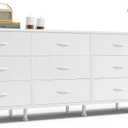 Huuger 70 Inch Dresser for Bedroom, TV Stand for 65, 75, 80 Inch TV, 12 Fabric Drawer Long Dresser, Large Storage Organizer Unit, Wide Chest of Drawer with Storage, for Living Room, White