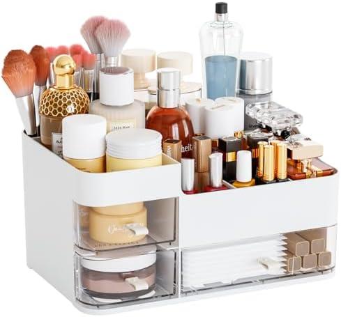 White Makeup Organizer With Drawers,Large Skincare Organizers for Countertop,Desk,Dresser,Plastic Bathroom Counter Organizer for Brush,Palettes,Perfume,Beauty Products Organization,Skin Care Storage