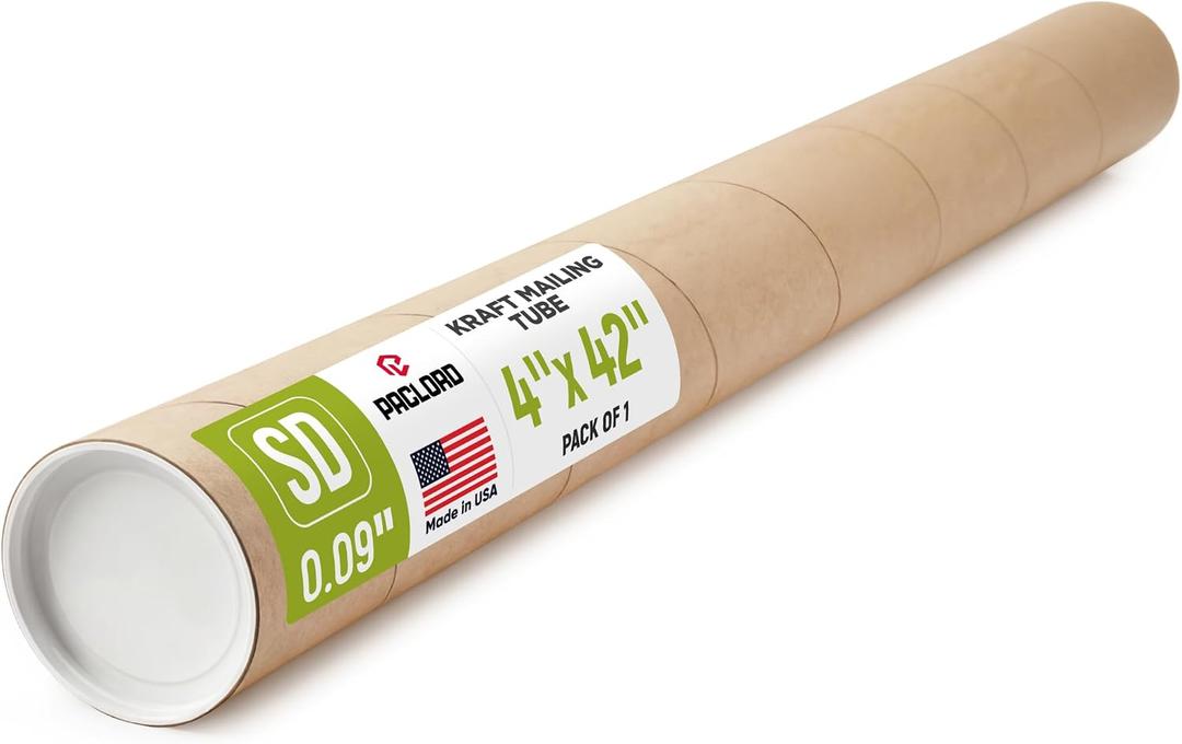 4" x 42" Reinforced Kraft Paper Mailing Tube, Pack of 1 Tube with 2 Caps – Secure USPS Approved – Cardboard Poster Mailer for Shipping and Storing of Prints, Artwork, Posters, or Documents
