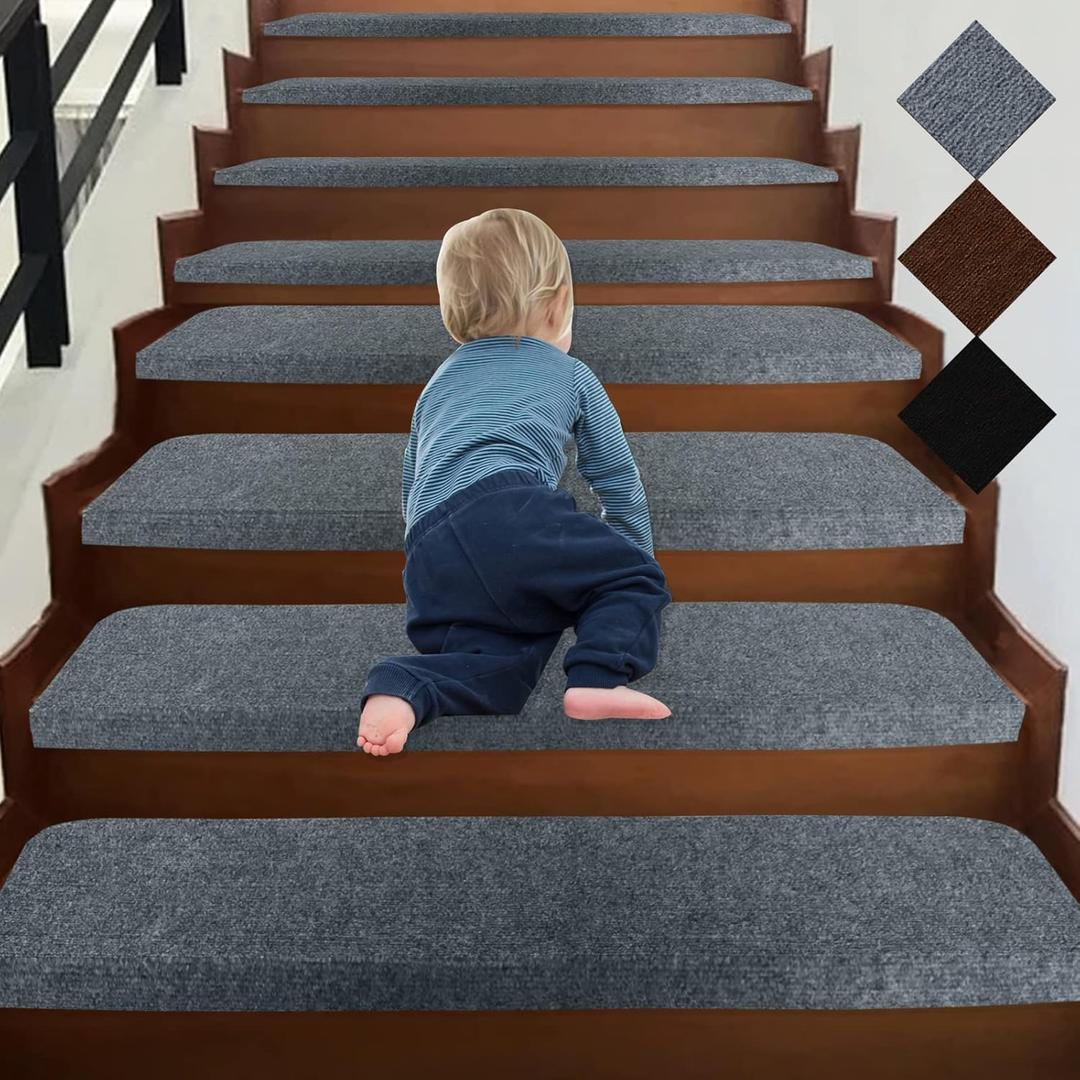 Bullnose 9"X36" Self-Adhesive Stair Treads Carpet Non-Slip and Perfect for Indoor Wooden Steps, Washable and Removable Stair Rugs for Elders and Dogs, Set of 15, Dark Grey