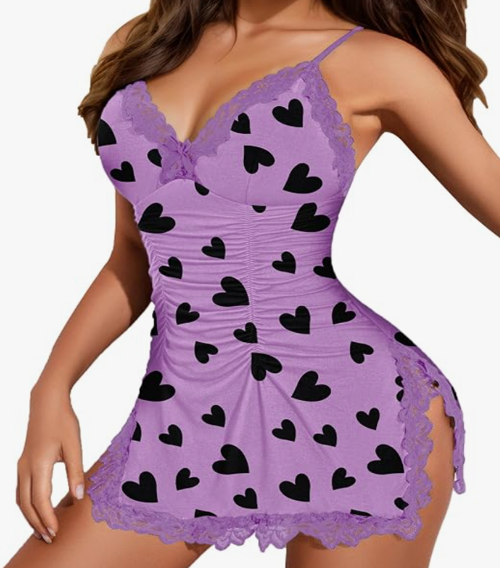 Girece Sexy Lingerie for Women Lace Nightgown Sleep Dress with Side Slit Lace Trim Chemise Soft Sleepwear & Comfy Loungewear, Small